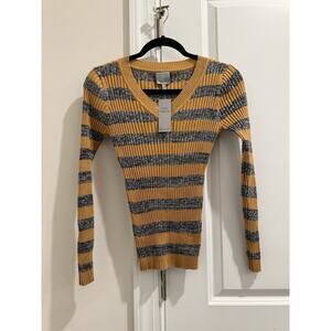 Cozy The Slope Brooklyn NY V Neck Stripped Purple/Gray Sweater Size S Great Cond